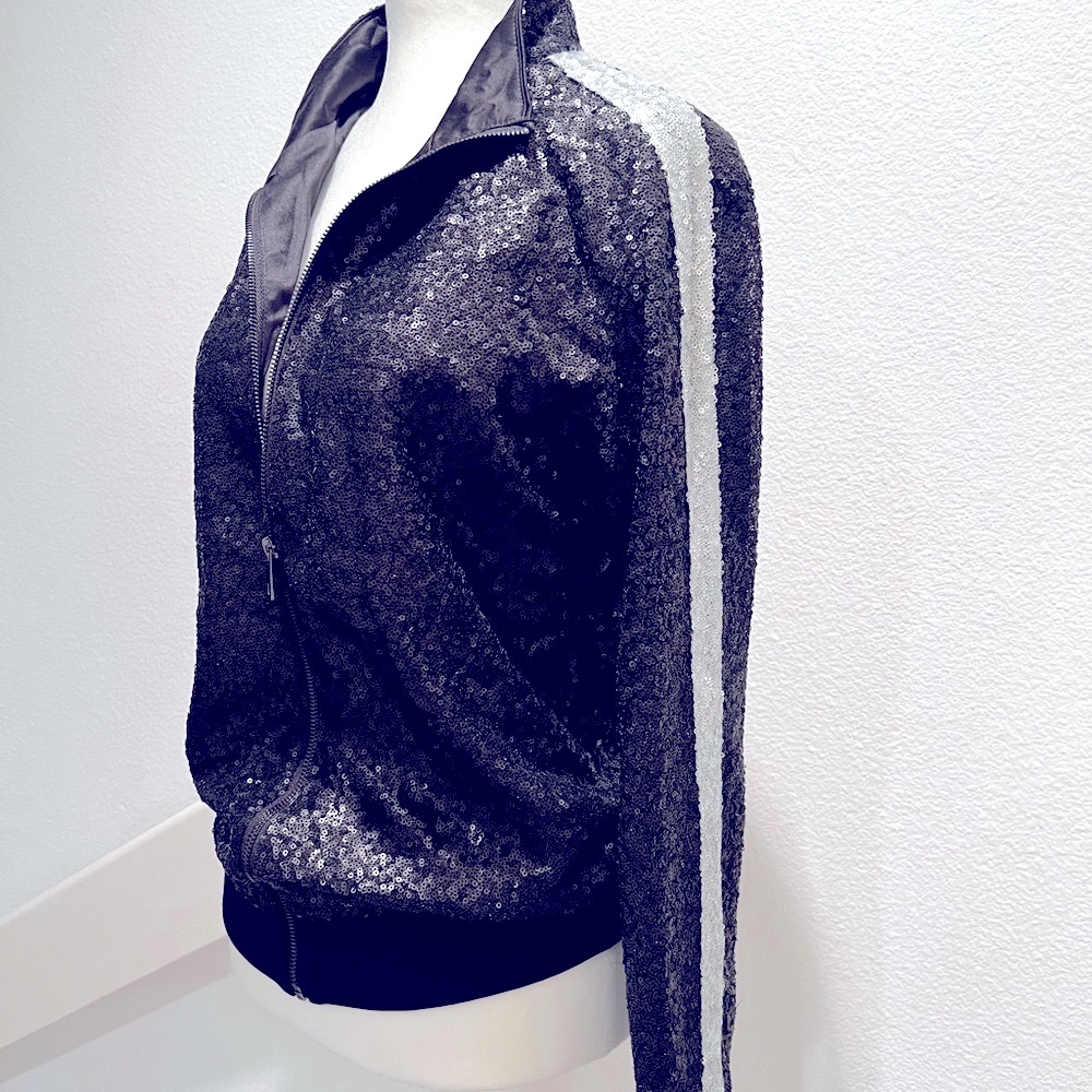 Dolce Cabo Black and Silver Sequin Bomber Jacket with High Collar